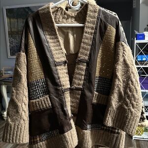 Women's Brown Cable Knit Sweater with Leather Accents